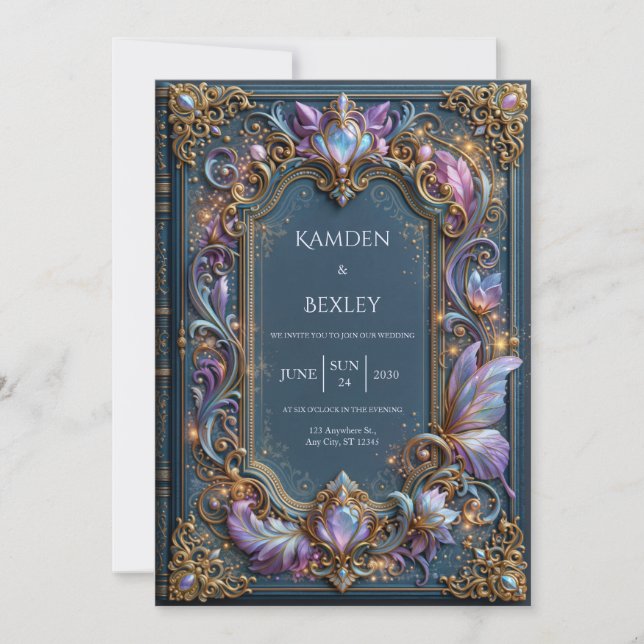 Invitación Boda de Filigrana de Lila Azul (Anverso)