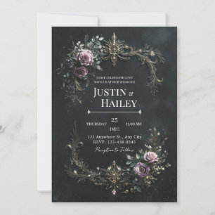 Invitación Boda de filigrana de oro rosa púrpura gótica