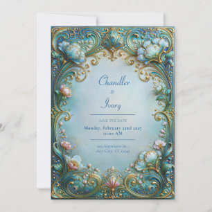 Invitación Boda de filigrana de oro y azul en polvo