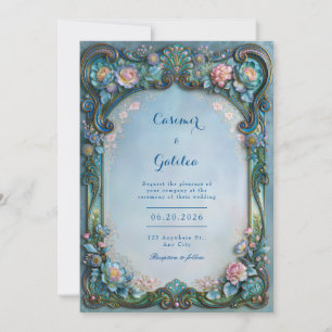 Invitación Boda de Filigrana Floral Azul en Polvo