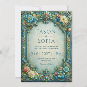 Invitación Boda de filigrana floral turquesa
