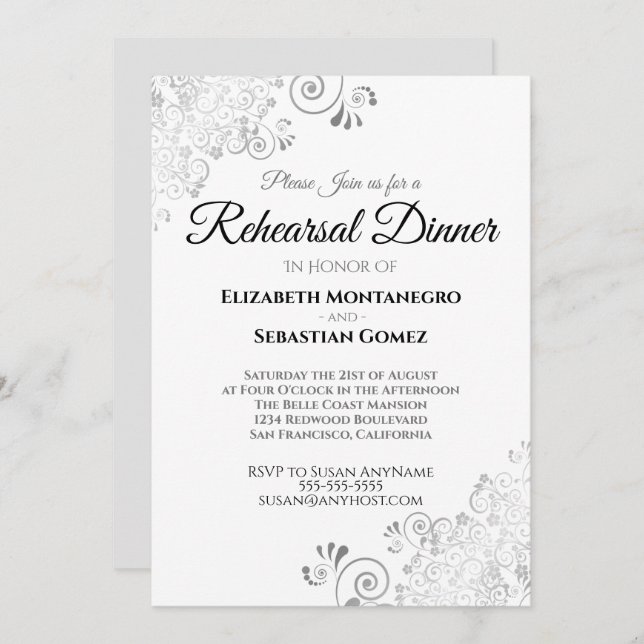 Invitación Boda de filigrí floral plateado Ensayo de cena (Anverso / Reverso)
