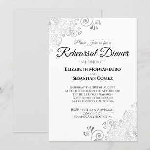 Invitación Boda de filigrí floral plateado Ensayo de cena