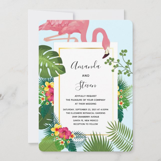 Invitación Boda de flamencos rosados y hojas tropicales (Anverso)