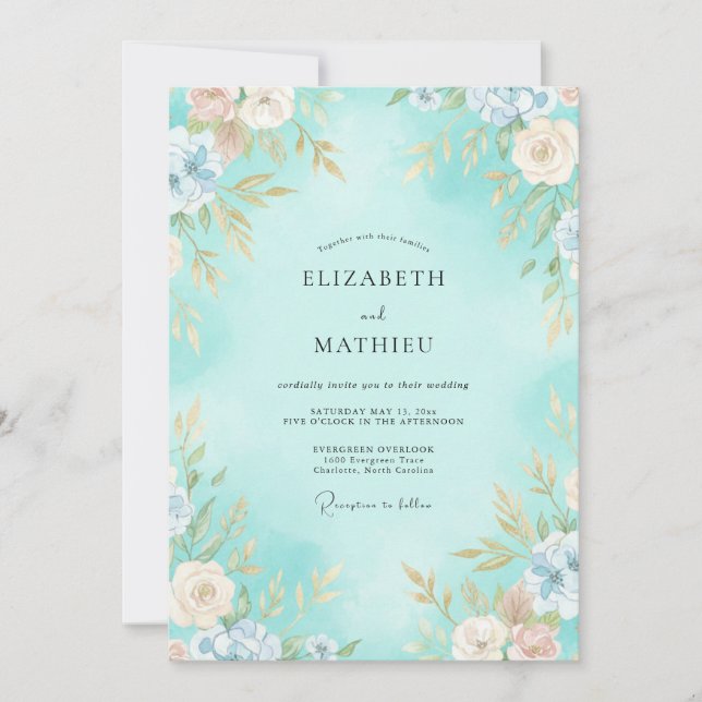 Invitación Boda de Flor Acuarela Aqua (Anverso)