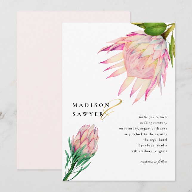 Invitación Boda de flor acuática rosa King Protea (Anverso / Reverso)