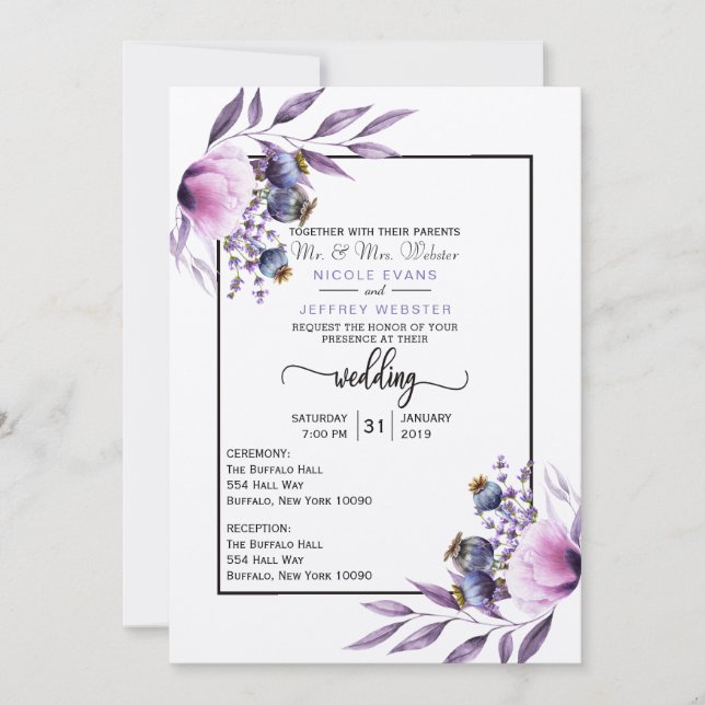 Invitación Boda de flor acuática violeta de lavanda (Anverso)