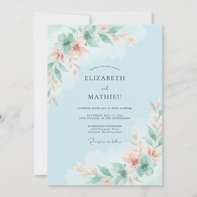 Invitación Boda de Flor Aérea Azul Cielo (Anverso)