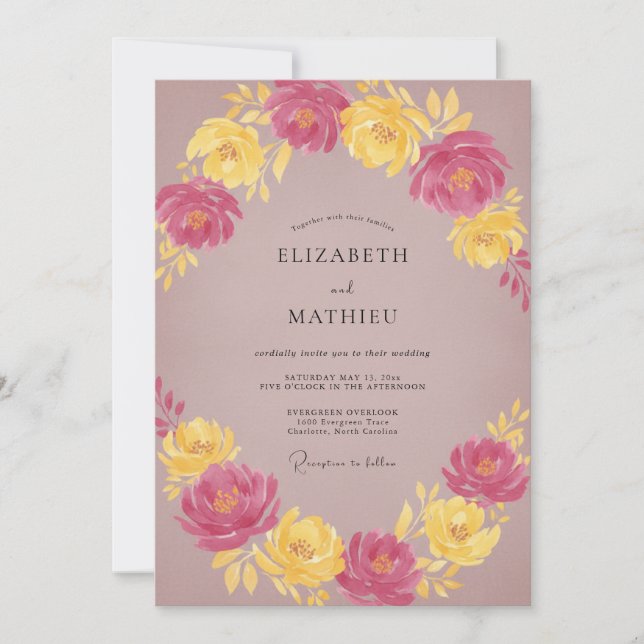 Invitación Boda de flor amarilla malva silenciada (Anverso)