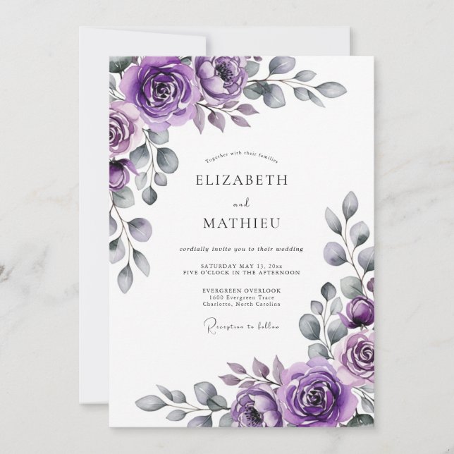 Invitación Boda de Flor Artística Lavanda (Anverso)