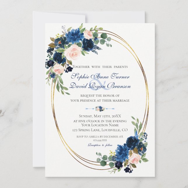 Invitación Boda de flor azul acuarela Rubor Navy (Anverso)