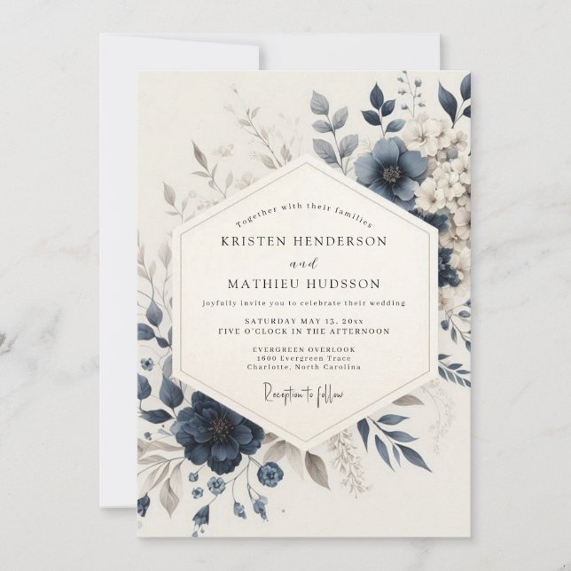 Invitación Boda de Flor Azul Etéreo (Anverso)