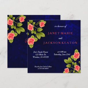 Invitación Boda de flor azul oscuro y coral Rosa