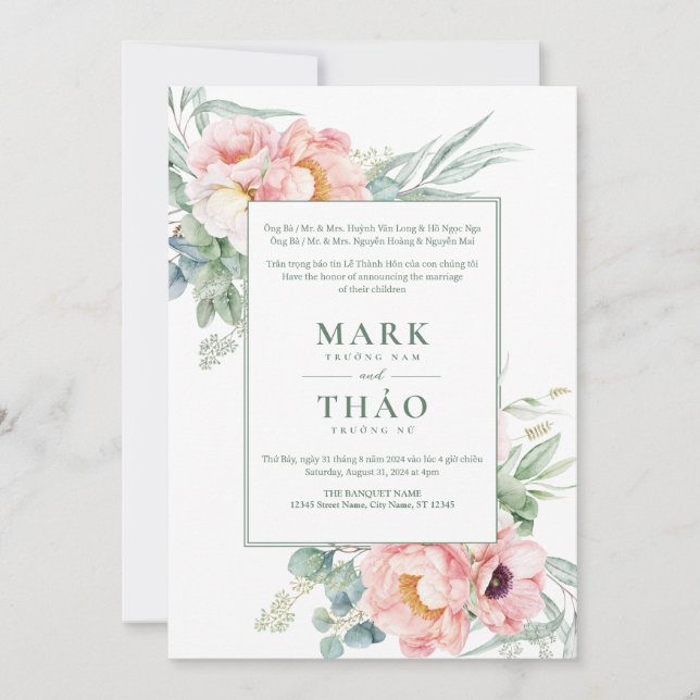 Invitación Boda de Flor Blanca Rosa Vietnamita Bilingüe (Anverso)