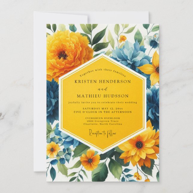 Invitación Boda de Flor Botánica Amarillo Dorado (Anverso)