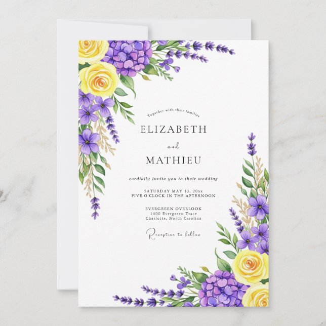 Invitación Boda de Flor Botánica Amarillo Lavanda (Anverso)