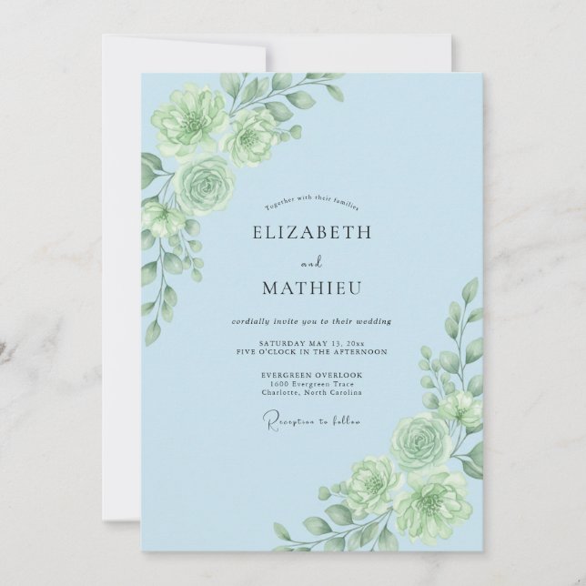 Invitación Boda de Flor Botánica Azul Claro (Anverso)