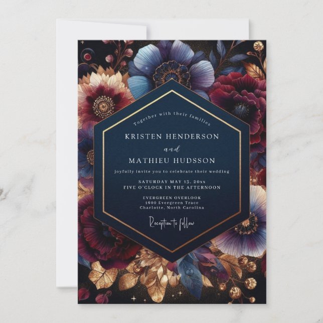 Invitación Boda de Flor Botánica Azul Profundo (Anverso)