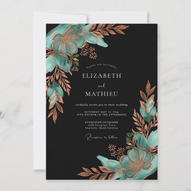 Invitación Boda de Flor Botánica de Cobre Verde (Anverso)