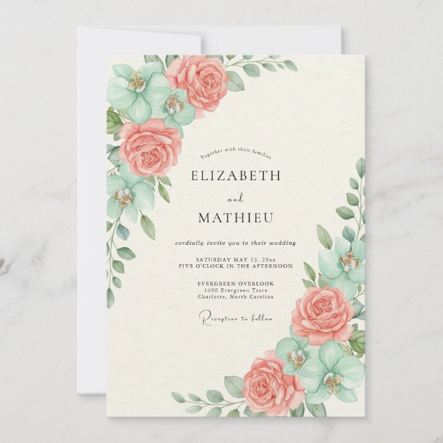 Invitación Boda de Flor Botánica de Menta Coral (Anverso)