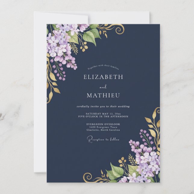 Invitación Boda de Flor Botánica Lila Marina (Anverso)