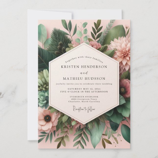 Invitación Boda de Flor Botánica Rosa Polvorienta (Anverso)