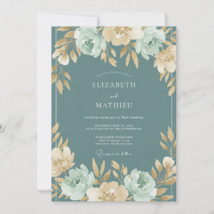 Invitación Boda de Flor Botánica Suave Verde Azul