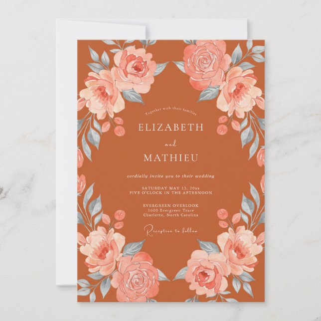 Invitación Boda de Flor Botánica Terracota Rubor (Anverso)