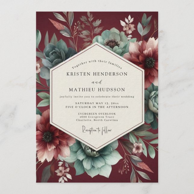 Invitación Boda de Flor Burgundy Dramática (Anverso)