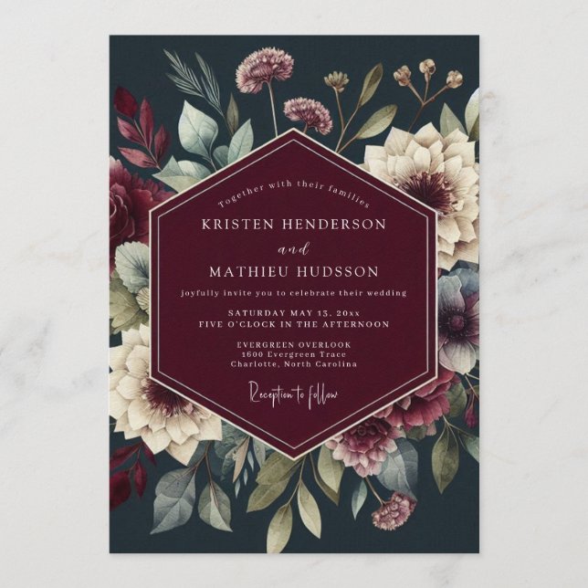 Invitación Boda de Flor Burgundy Dramática (Anverso)