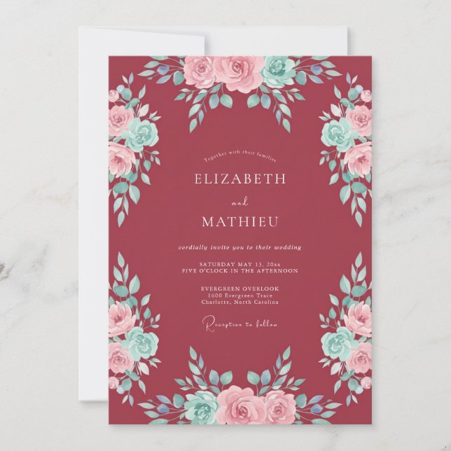Invitación Boda de Flor Burgundy Rosy (Anverso)