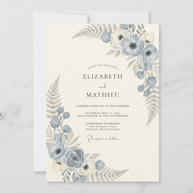 Invitación Boda de Flor Celeste Azul Polvoriento (Anverso)