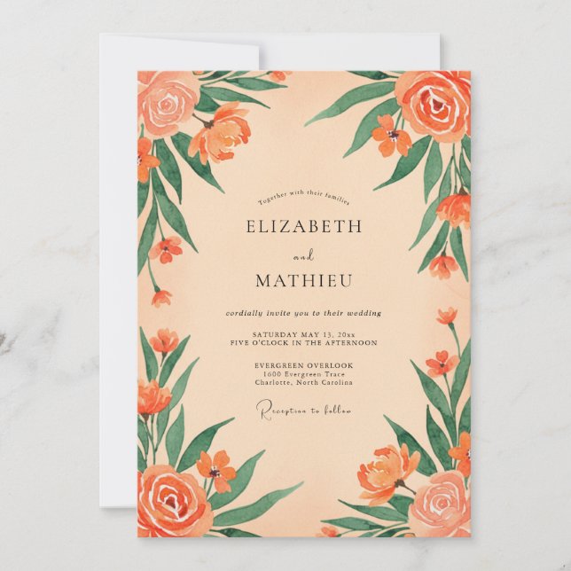 Invitación Boda de Flor Coral Pintada (Anverso)