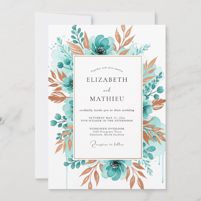 Invitación Boda de Flor de Acuarela Azul Verde (Anverso)