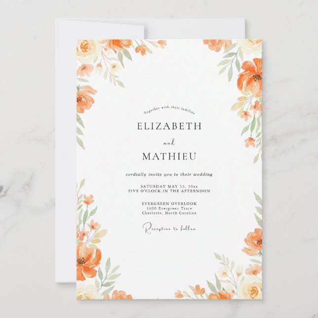Invitación Boda de flor de acuarela de albaricoque (Anverso)