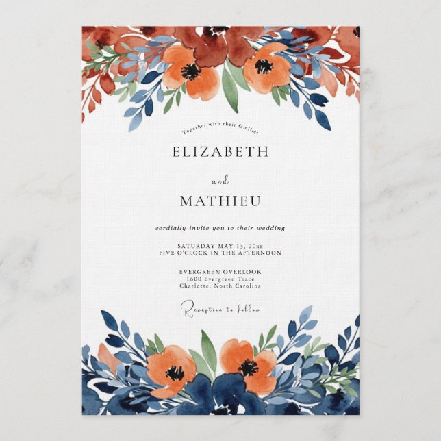Invitación Boda de Flor de Acuarela de Naranja Quemada (Anverso)