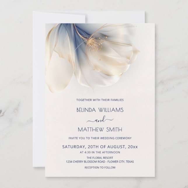 Invitación Boda de Flor de Acuarela Humeante Oro Azul (Anverso)