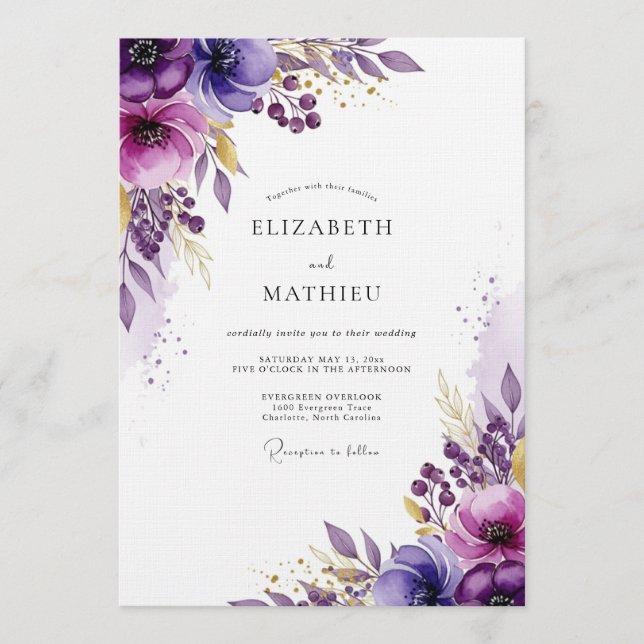 Invitación Boda de Flor de Acuarela Púrpura (Anverso)