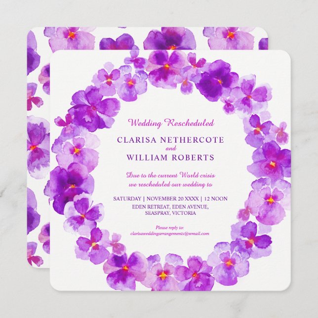 Invitación Boda de flor de acuarela púrpura reprogramado (Anverso / Reverso)