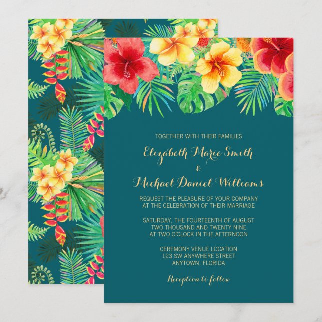 Invitación Boda de flor de acuarela tropical (Anverso / Reverso)