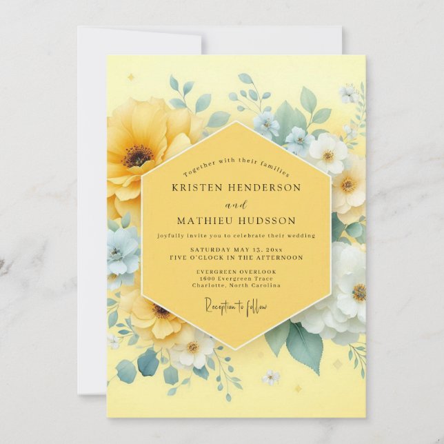 Invitación Boda de Flor de Amarillo Dorado (Anverso)