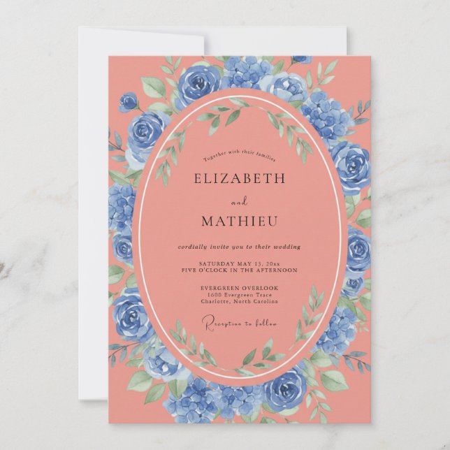 Invitación Boda de Flor de Azul Coral (Anverso)