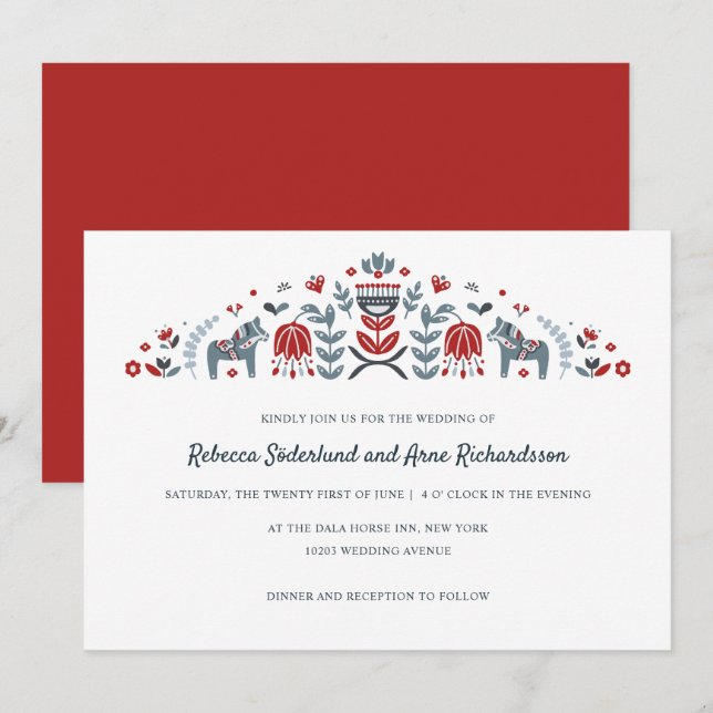 Invitación Boda de Flor de Caballo de Arte Popular Escandinav (Anverso / Reverso)