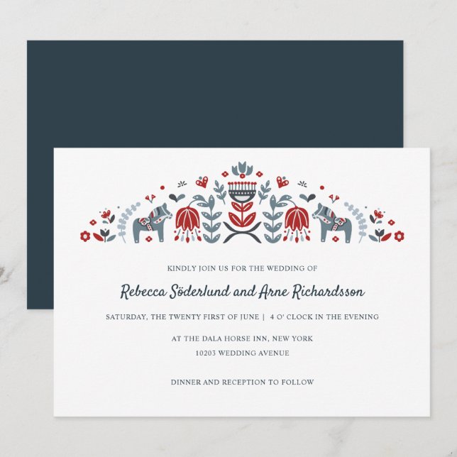 Invitación Boda de Flor de Caballo de Arte Popular Escandinav (Anverso / Reverso)