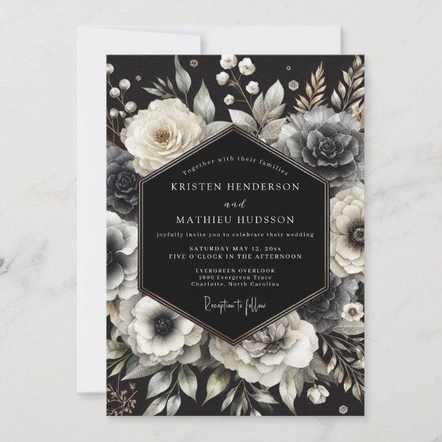 Invitación Boda de Flor de Carbón Opulento (Anverso)