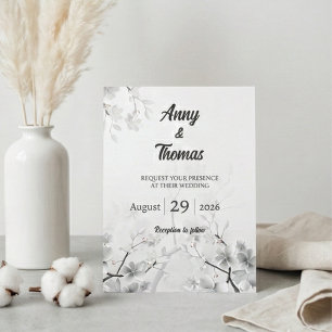 Invitación Boda de Flor de Cerezo Blanca y Plata Elegante