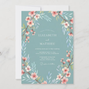 Invitación Boda de Flor de Cerezo Delicada Verde Azulada Suav