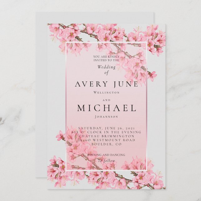 Invitación Boda de flor de cerezo floral rosa (Anverso / Reverso)