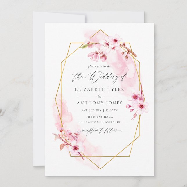 Invitación Boda de flor de cerezo rosa geométrica de primaver (Anverso)