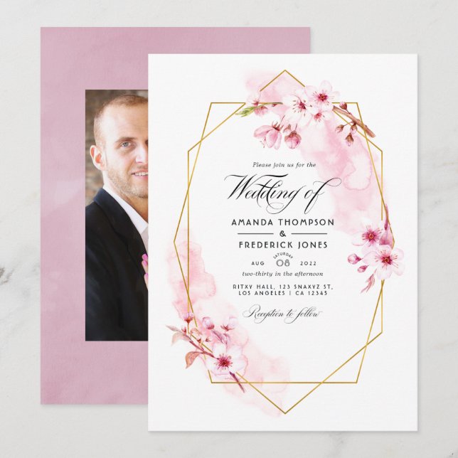 Invitación Boda de flor de cerezo rosa geométrica de primaver (Anverso / Reverso)